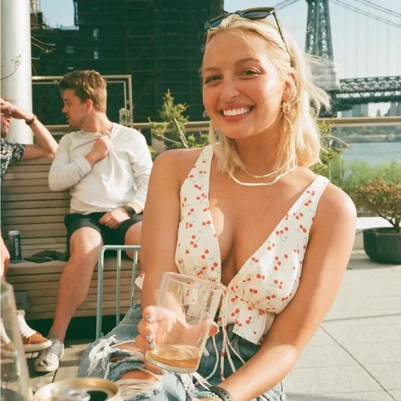 Zara Satin Effect Cherry Print Crop Camisole - Cream and Red - Picture 1 of 5